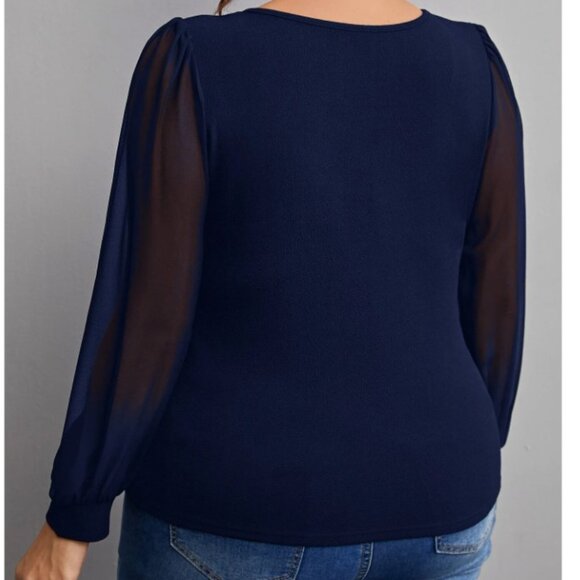 Plus Size Contrast Mesh Lantern Sleeve Square Neck Top - Navy Blue, 2XL - Picture 2 of 6